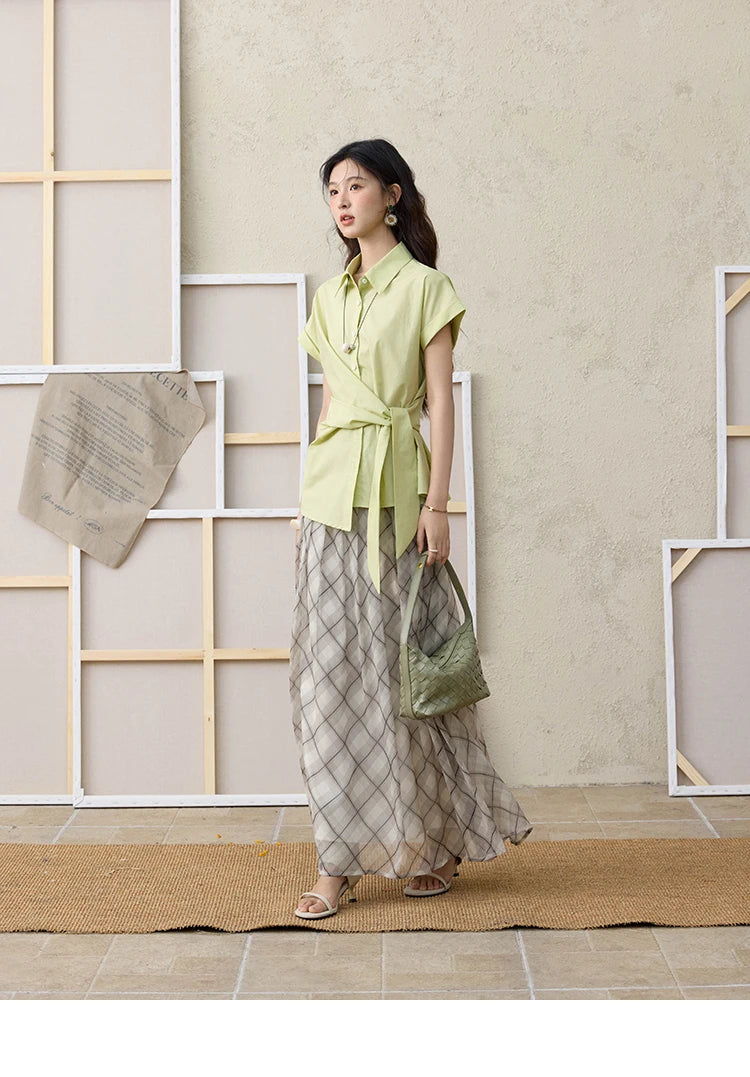 MISHOW Apricot Green Retro Plaid Skirt Pleated Chiffon High Waist A-Line MXE35B0747