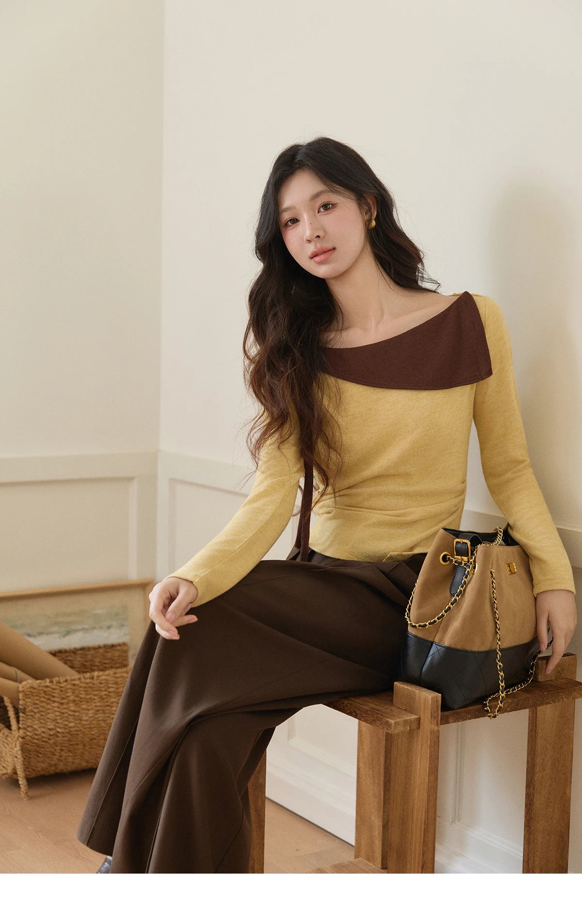 Mishow Yellow Brown Contrast Oblique Collar Knit Top MXF11Z2911