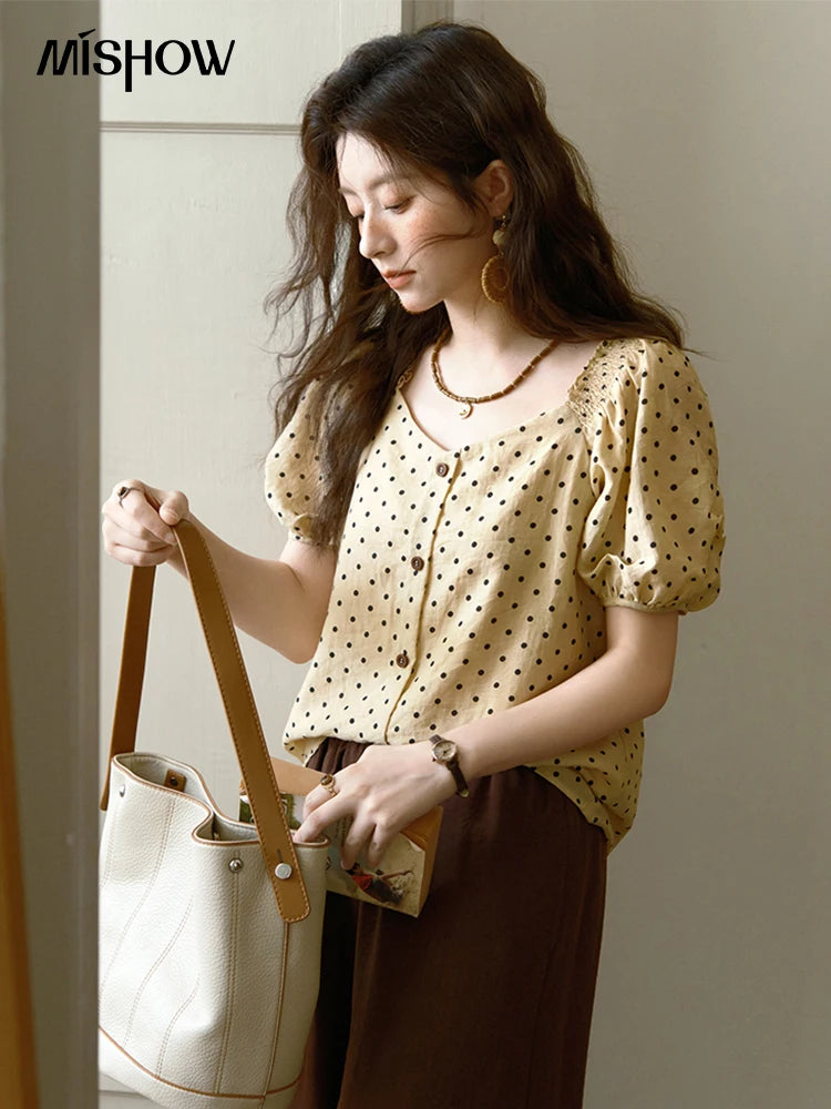MISHOW Polka Dot Puff Sleeve Blouse V-Neck Button MXE37X1859