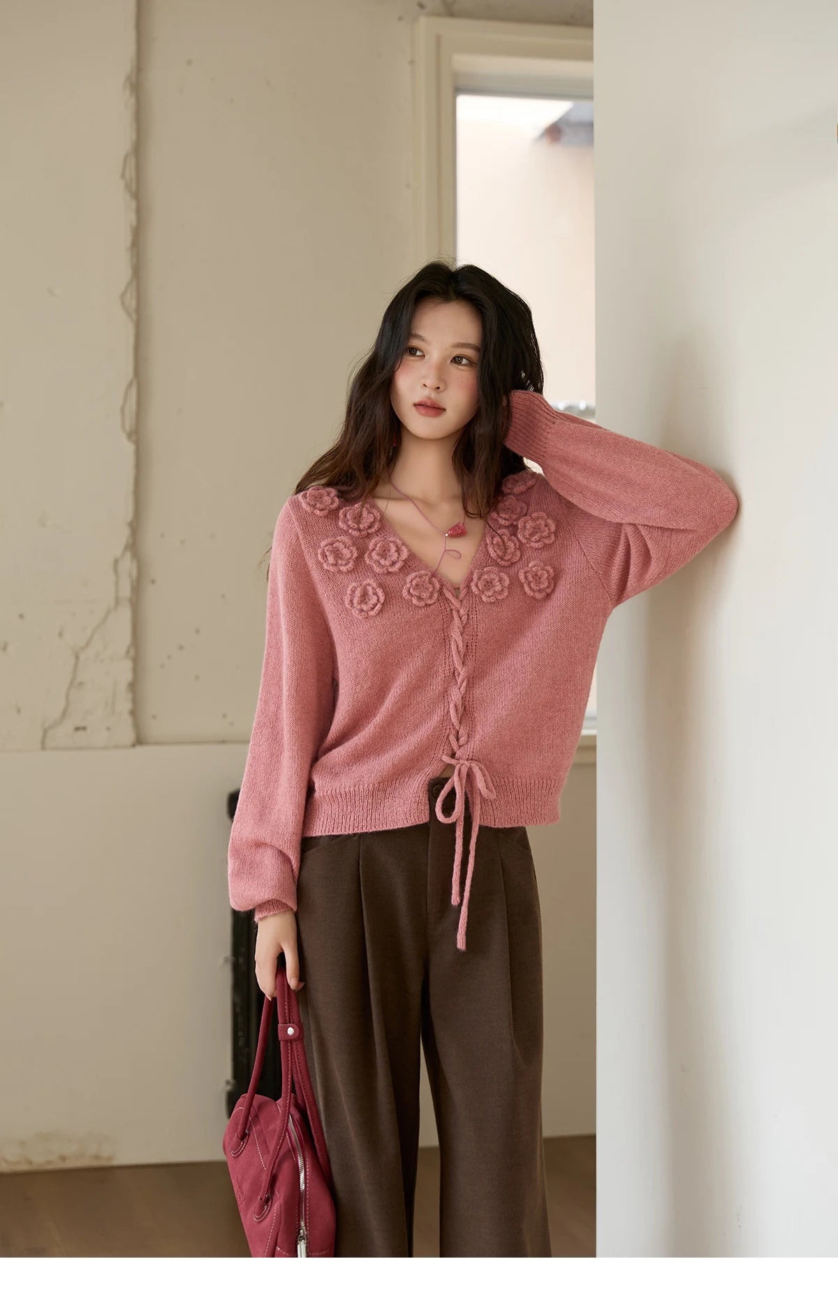 Mishow Pink 3D Rose V-Neck Loose Pullover MXE88Z2708