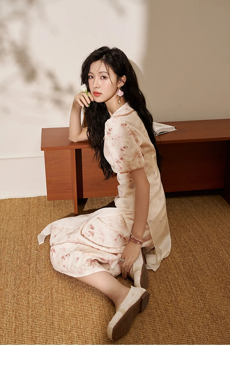 Mishow Chinese Doll Collar Pink Bamboo Print Dress MXD22L1829