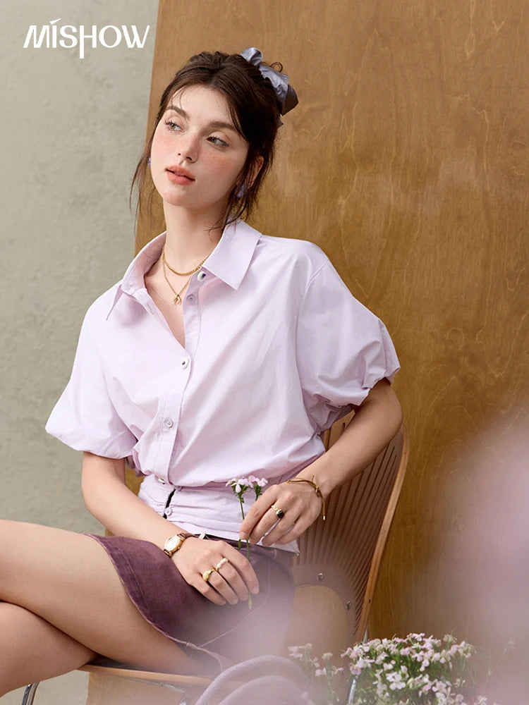 MISHOW Purple Cotton Blouse Turn-Down Collar Short Sleeve MXE32X1794