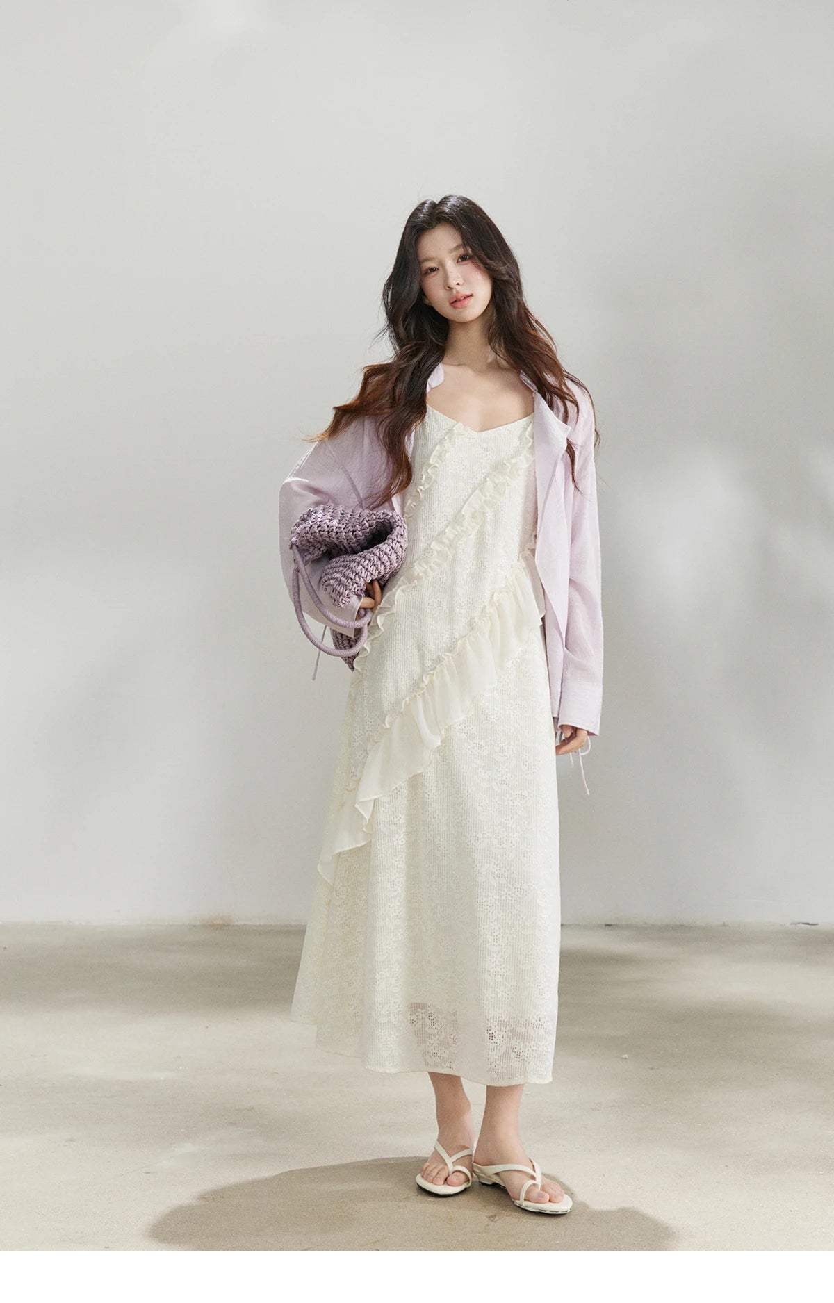 Mishow Cream Irregular Lace Ruffled Slip Dress MXF108L1005