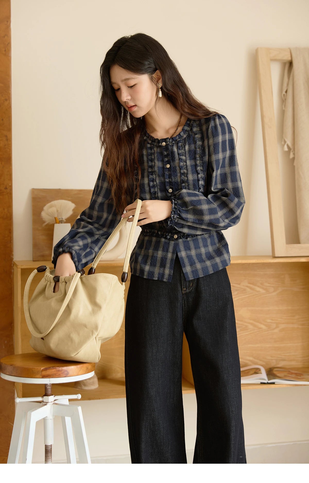MISHOW Vintage Blue Plaid Shirt Round Neck Loose MXE45X2480