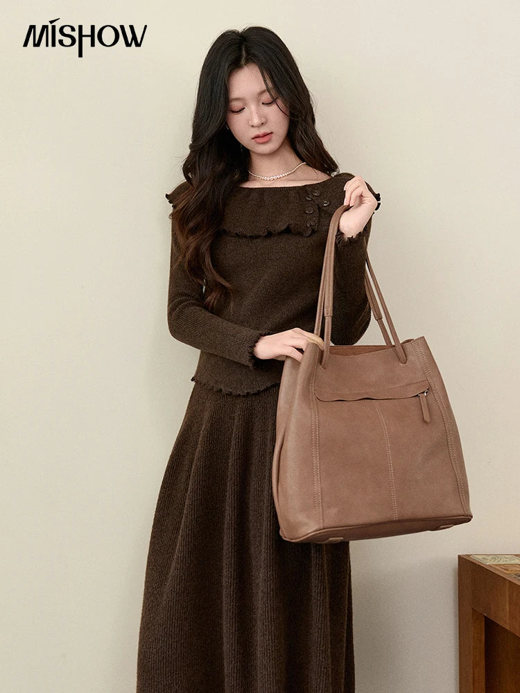 Mishow Coffee Ruffle Boat Neck Top & A-Line Skirt Set MXE93T1455