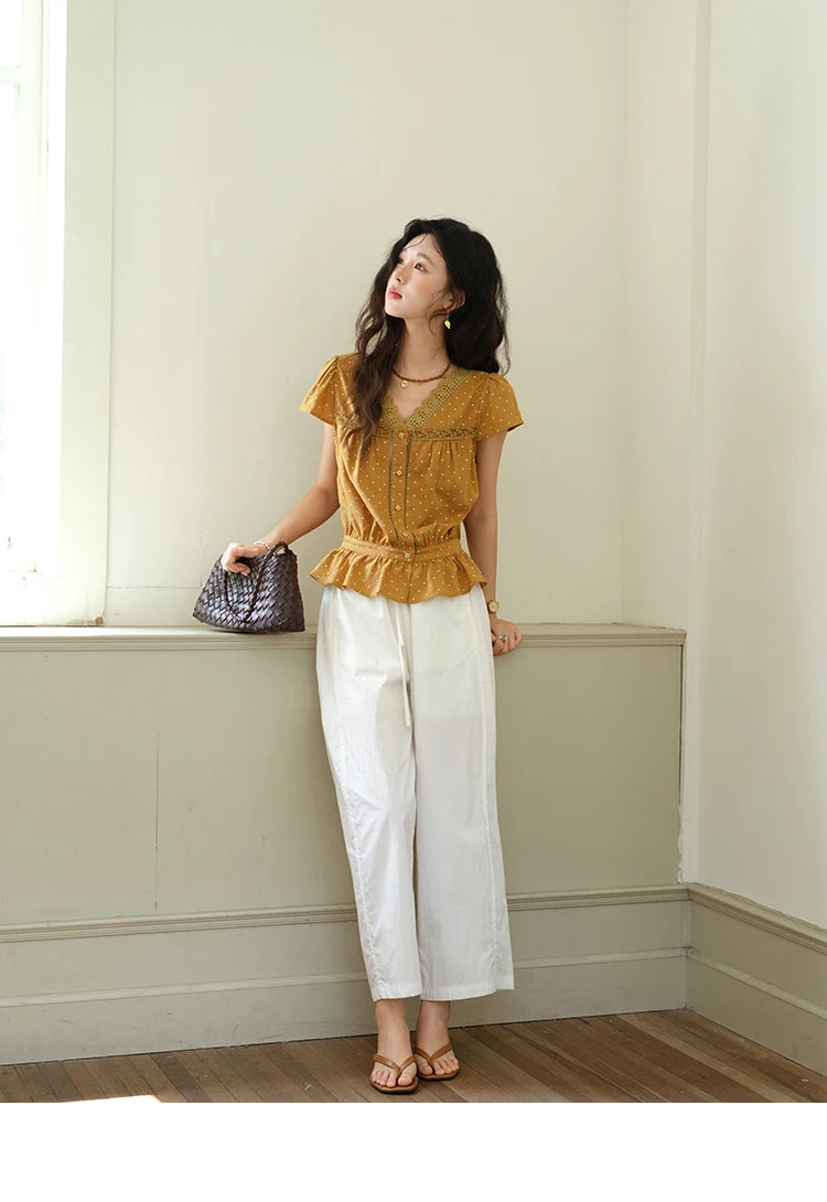 MISHOW V-Neck Lace Polka Dot Blouse Ruffled Button MXE38X1847