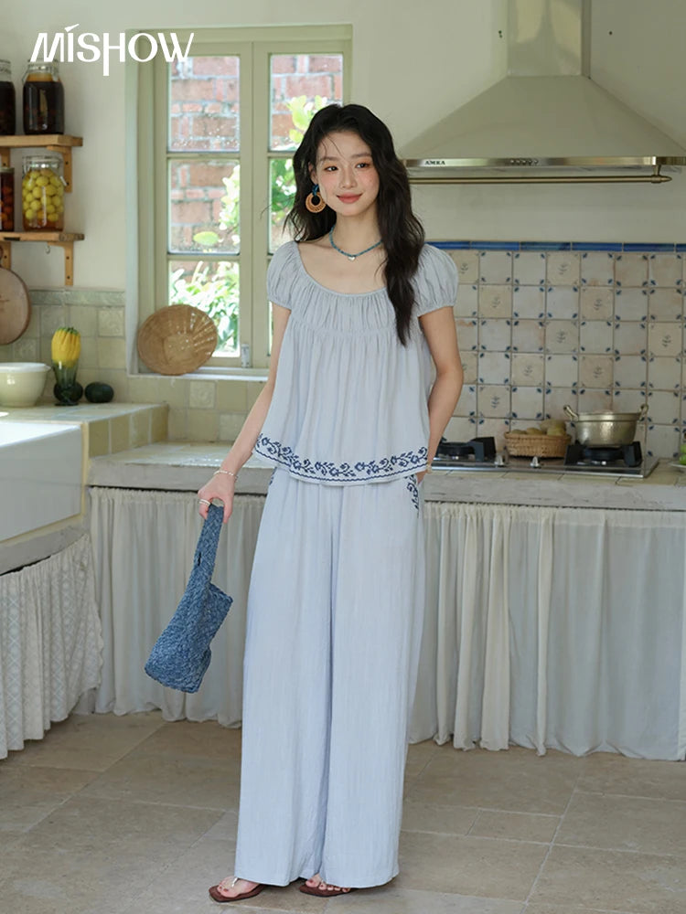 Mishow Embroidery Flower Round Neck Blouse & Pocket Wide Leg Pants Set MXE39T0669