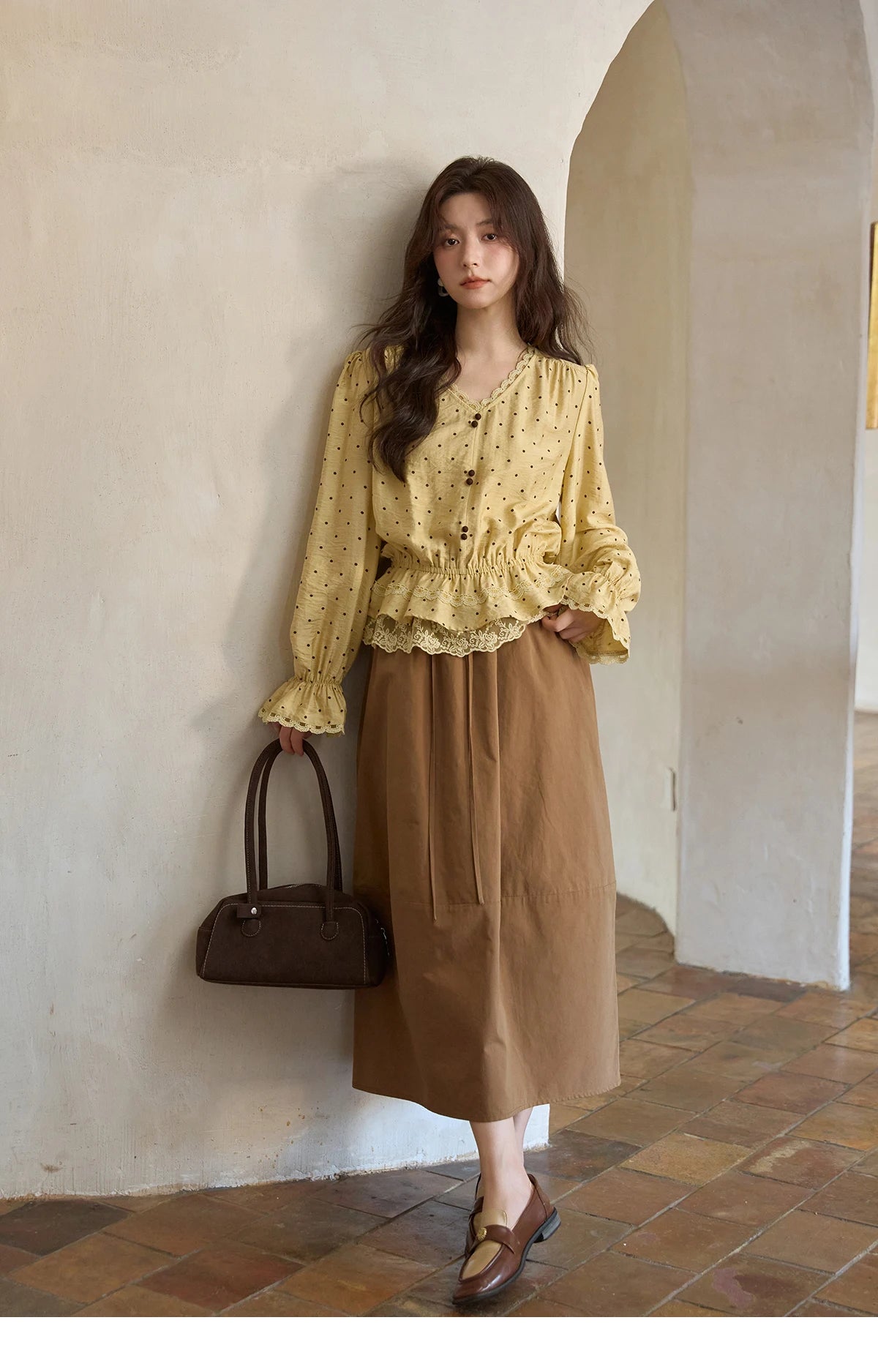 MISHOW Brown Cotton Bud Skirt Elastic Drawstring High Waist Pocket MXE41B2367