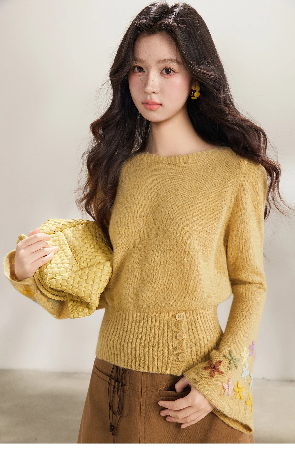 Mishow Yellow Floral Embroidered Boat Neck Flare Sleeve Top MXE94Z2864