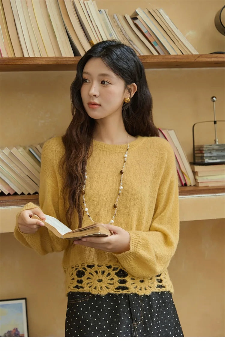 Mishow French Hollow Out Floral O-Neck Sweater MXE44Z2491