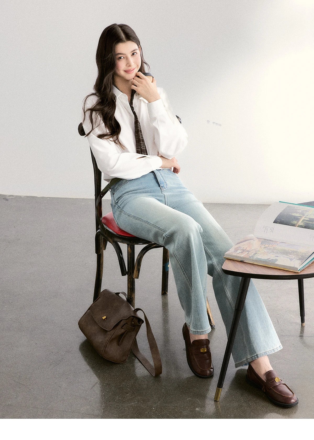 MISHOW Casual Loose Shirt with Plaid Scarf Lapel Top MXF108C0815