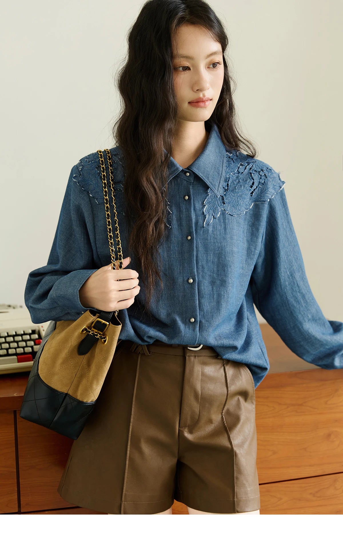 MISHOW Blue Shirt Hollowed Out Patchwork Embroidery Imitation Denim MXE46C2410