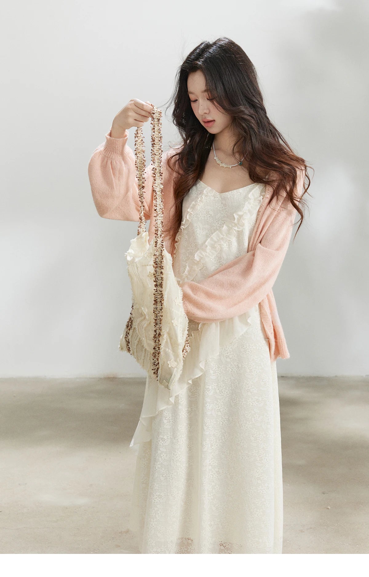 Mishow Pink Ruffled Pearl Button V-Neck Cardigan MXF108Z1028