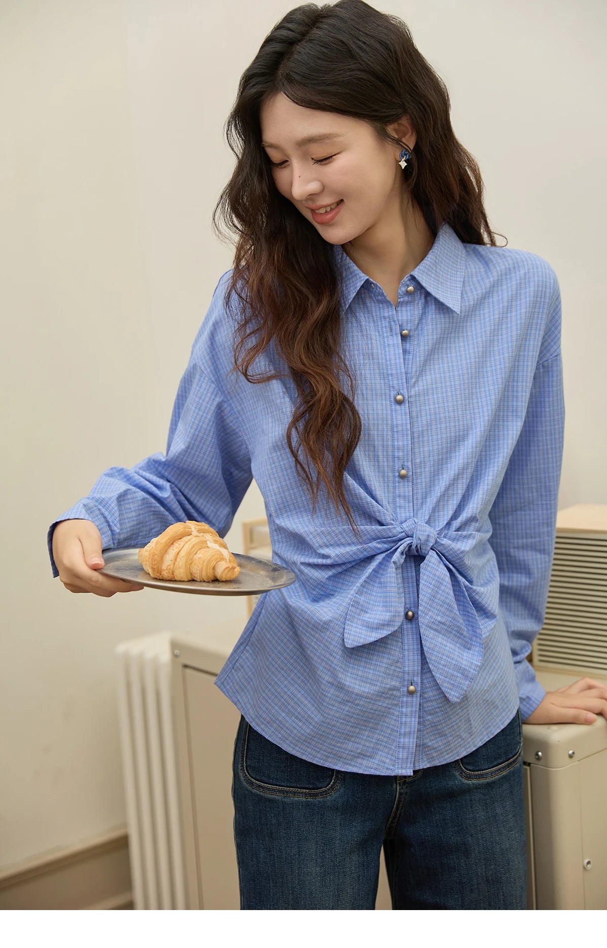 MISHOW Blue Plaid Cotton Shirt Bow Tie Waist Dropped Sleeve MXE44C2395