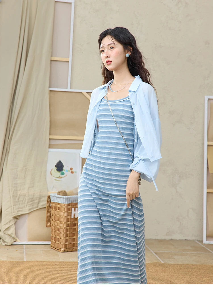 Mishow Blue Striped Camisole Dress & Lyocell Shirt Set MXE34L2285