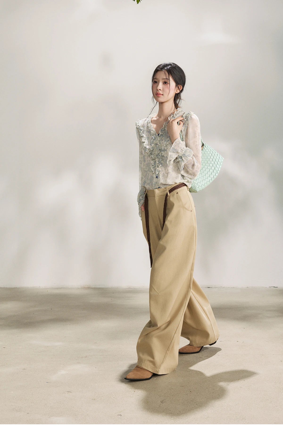 MISHOW Khaki Wide Leg Pants High Waist Belted Rear Pocket MXF13K1237