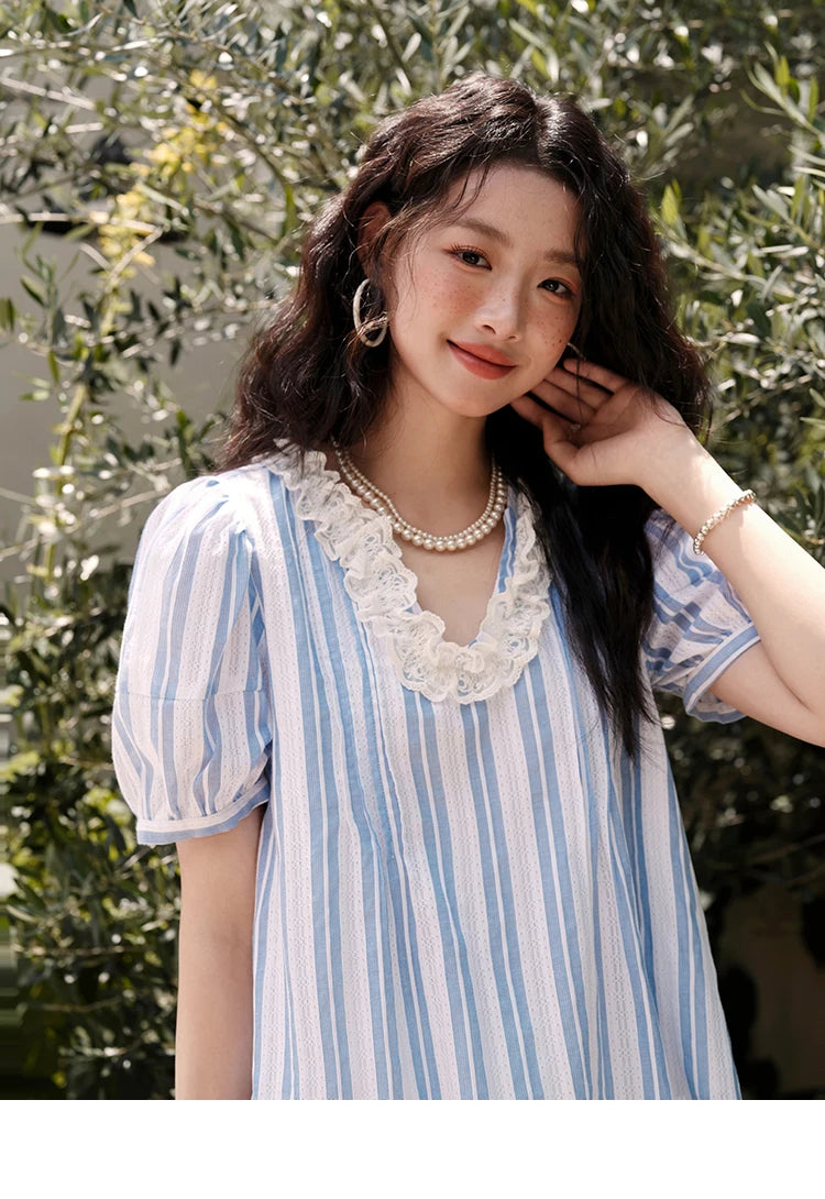 MISHOW Cotton Striped Blouse Lantern Sleeve Lace V-Neck MXE36X1845