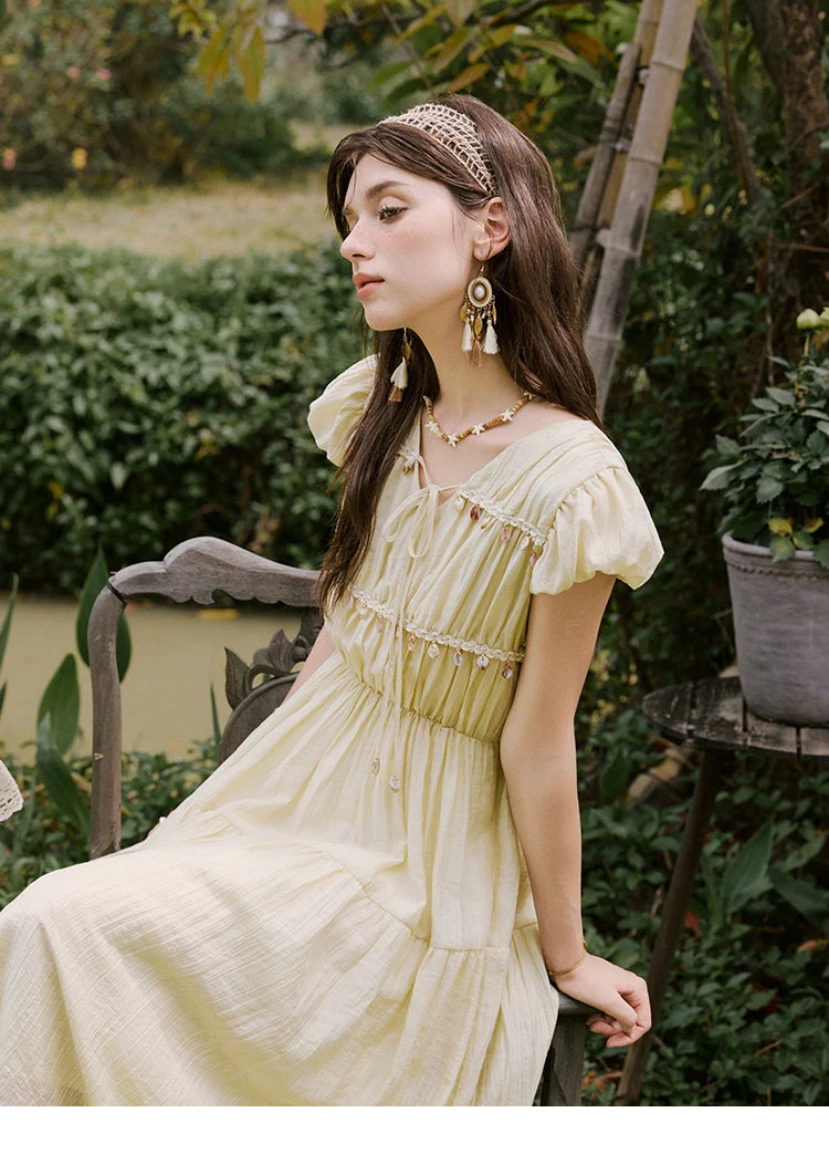 Mishow Solid V-Neck Puff Sleeve Shell Ribbon Dress MXE33L2193