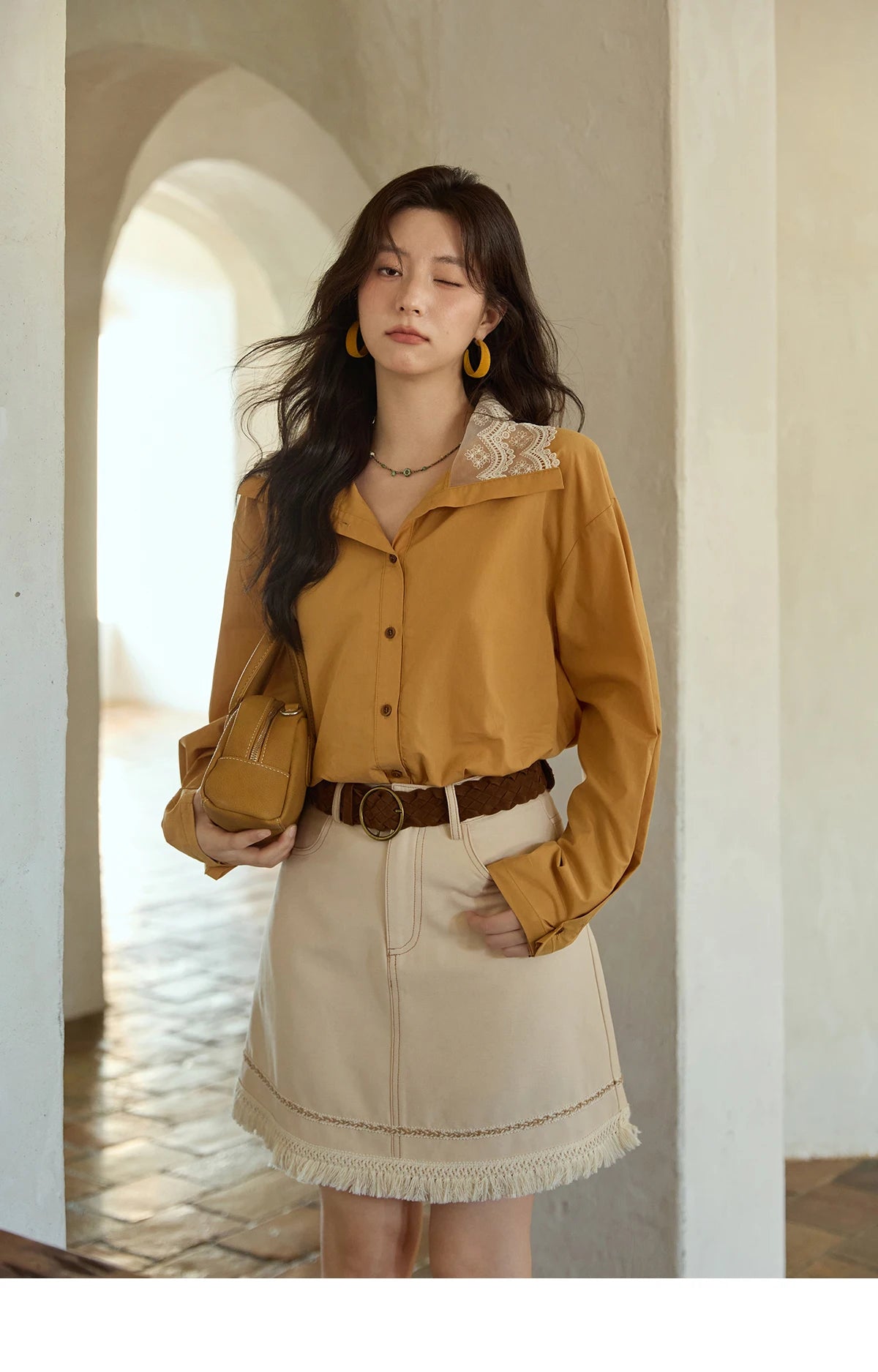 MISHOW Solid Cotton Shirt V-Neck Double Layer Lace MXE41C2366