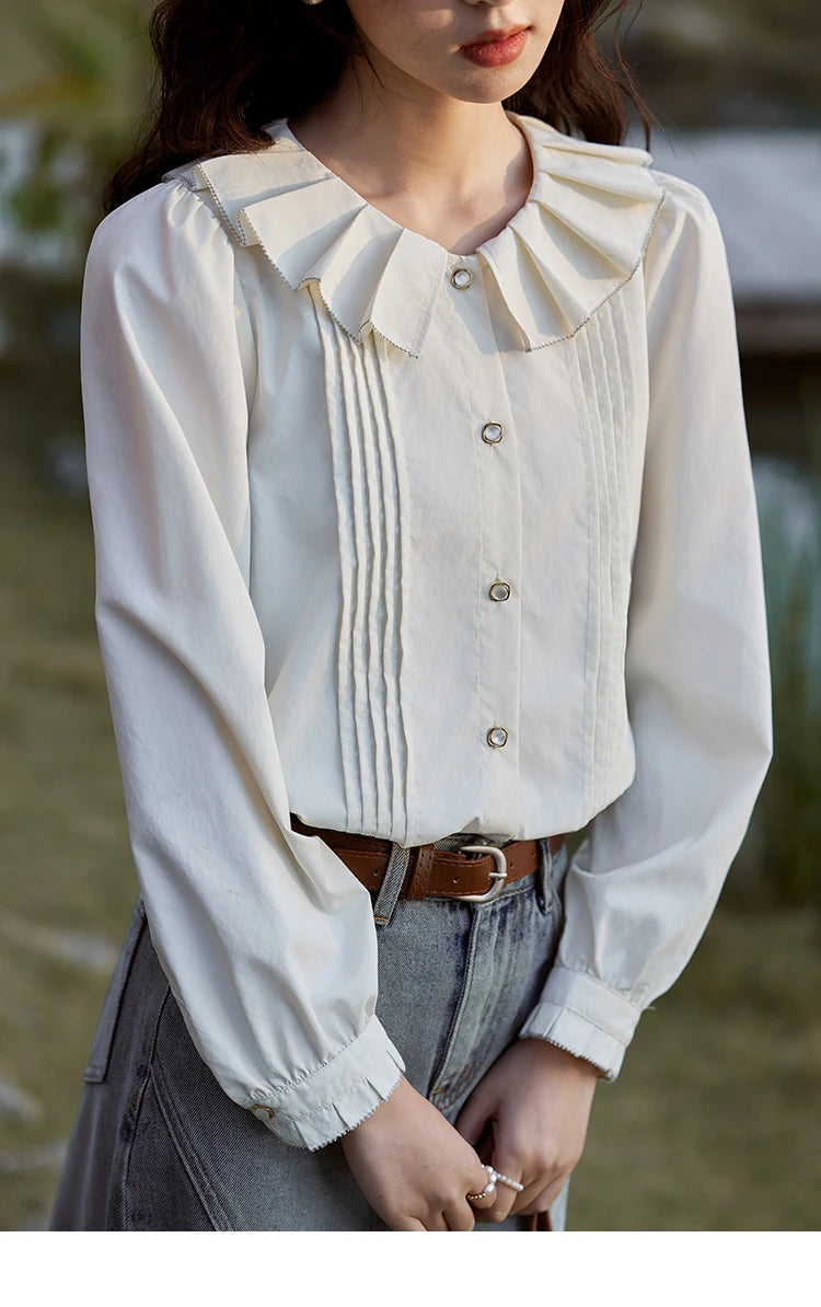 MISHOW Tucker Pleats Doll Neck Shirt Ruffled O Neck MXE12C0401