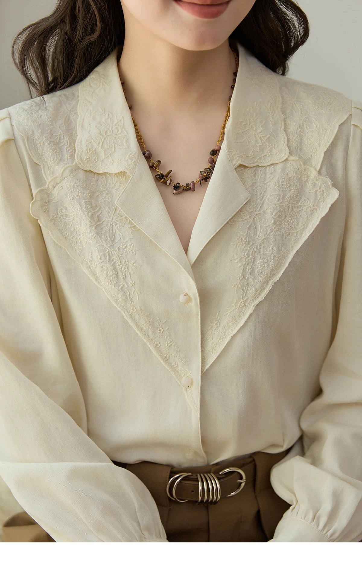 MISHOW Apricot Retro Lace V-Neck Blouse MXE45X2486
