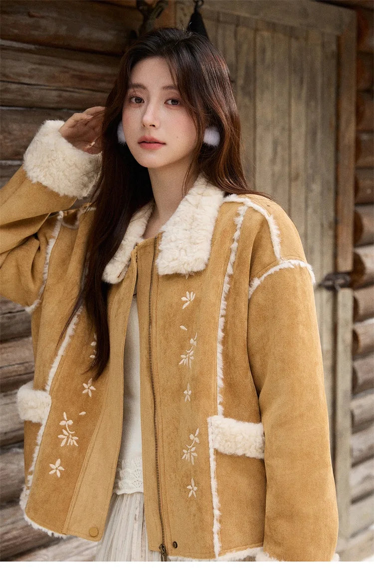 MISHOW Floral Embroidered Fur Jacket Plush Lapel Zipper MXE87W0918