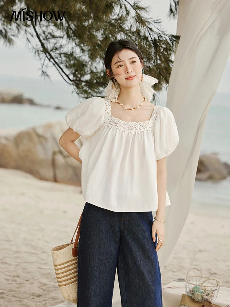 MISHOW Square Collar Puff Sleeve Blouse Lace Splicing MXE32X1780