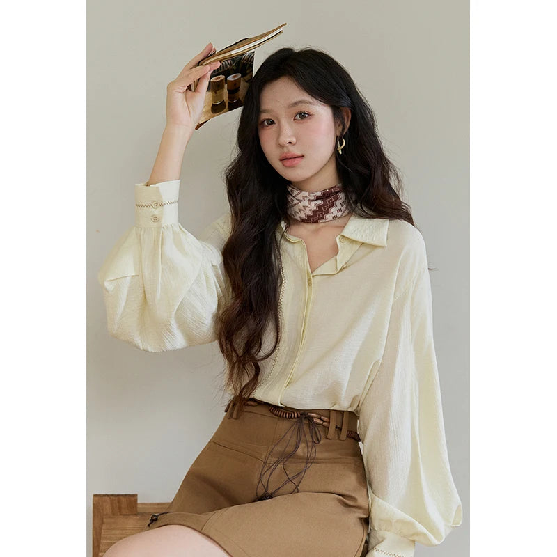 MISHOW Lapel Lantern Sleeve Shirt Lace Trim Loose MXF13C2436