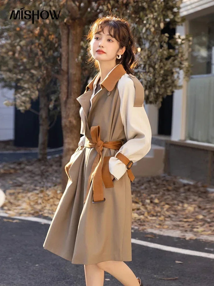 Mishow Khaki Contrast Color Spliced Trench Coat MXB31W0367