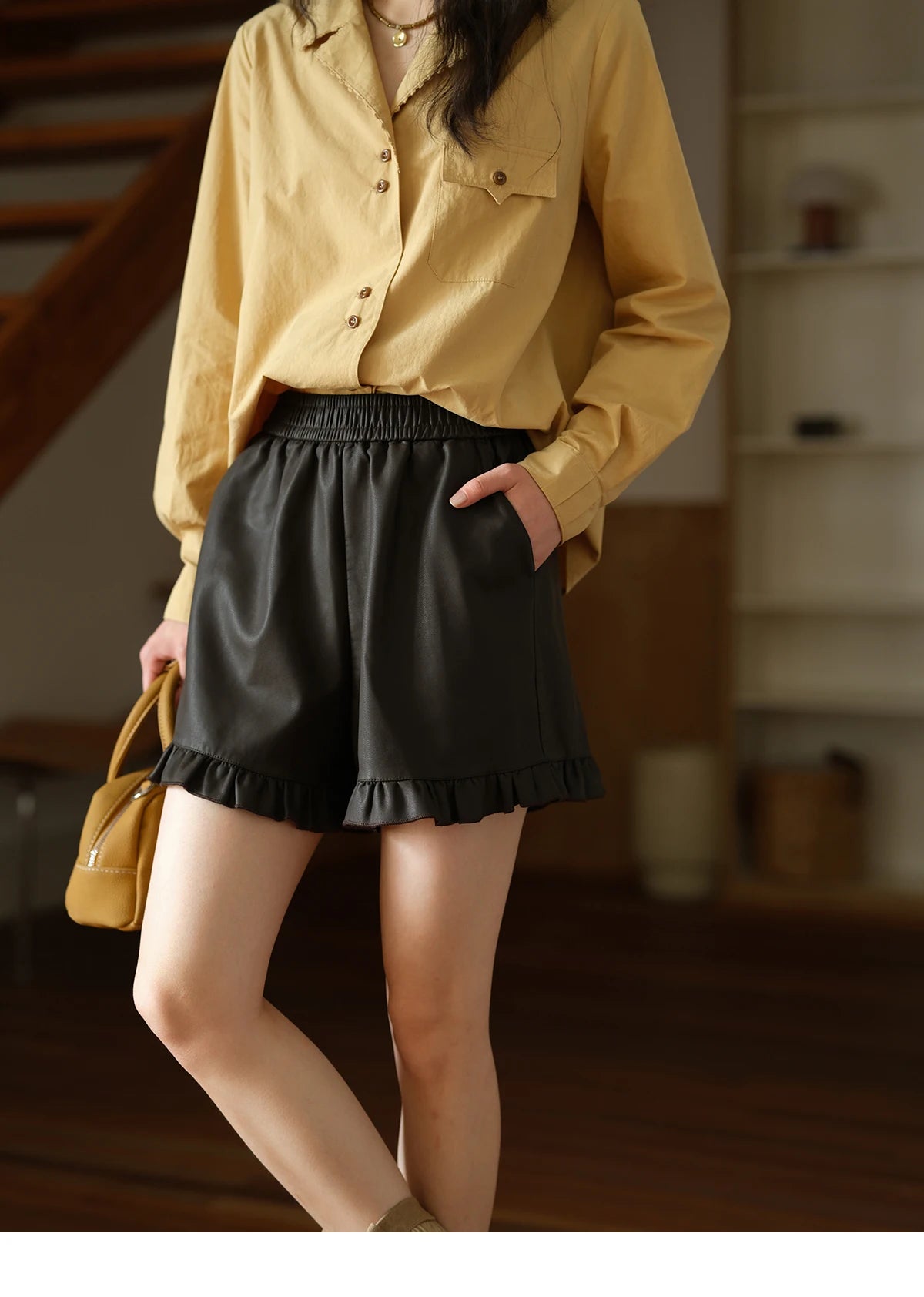MISHOW Yellow Lapel Cotton Shirt Contrast Button Pocket MXE41C2356