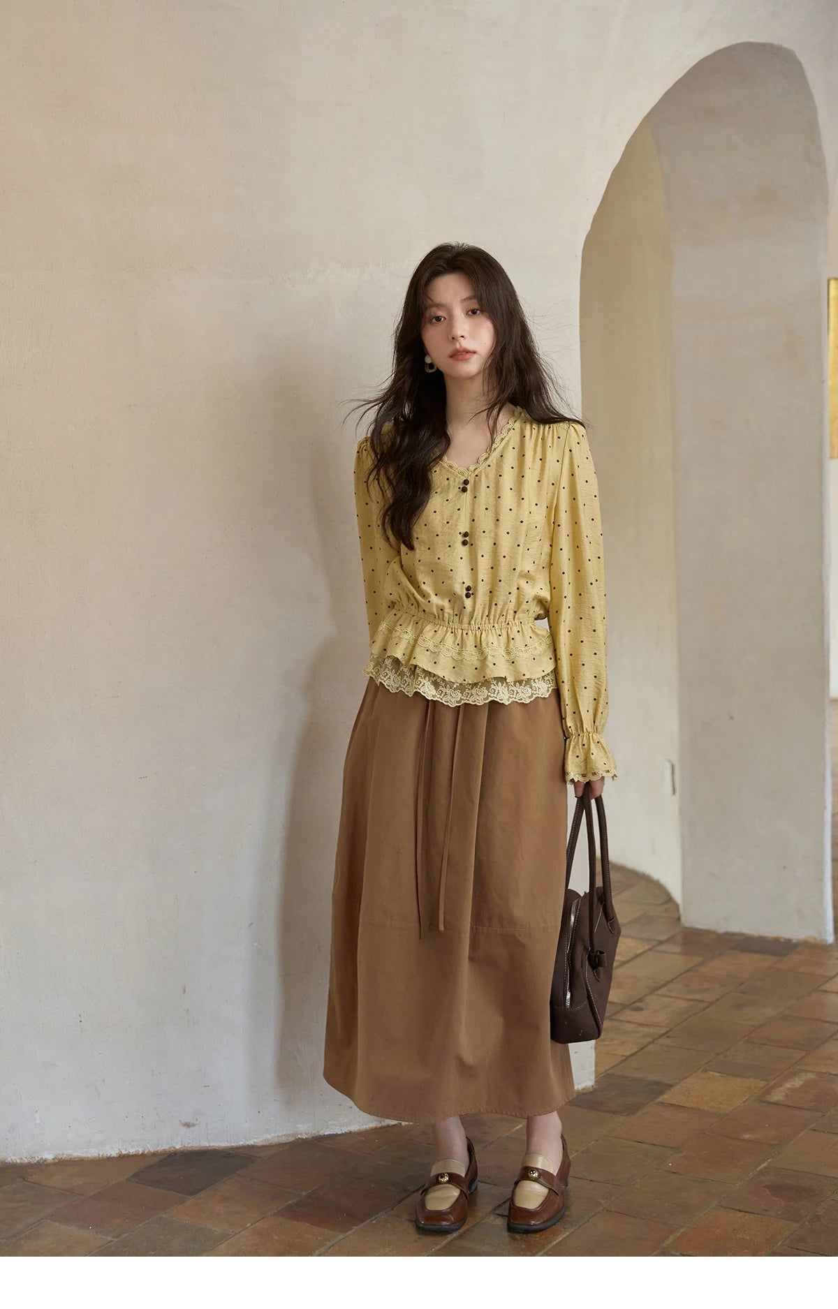 MISHOW Brown Cotton Bud Skirt Elastic Drawstring High Waist Pocket MXE41B2367
