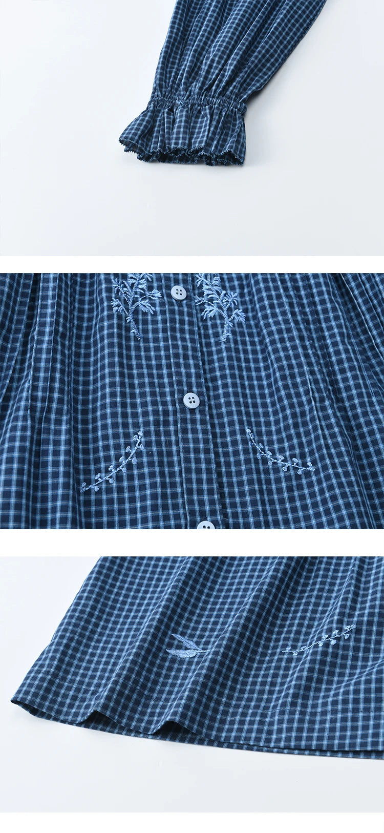 MISHOW Blue Plaid Embroidered Shirt Black Fungus Edge Collar MXE44X2467