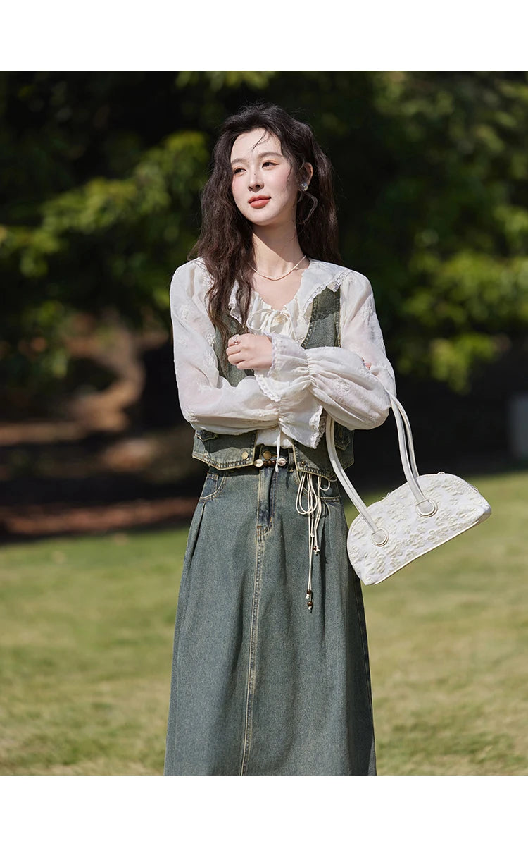 Mishow Korean Denim Vest Coat & Slim A-Line Midi Skirt Set MXE13W0731