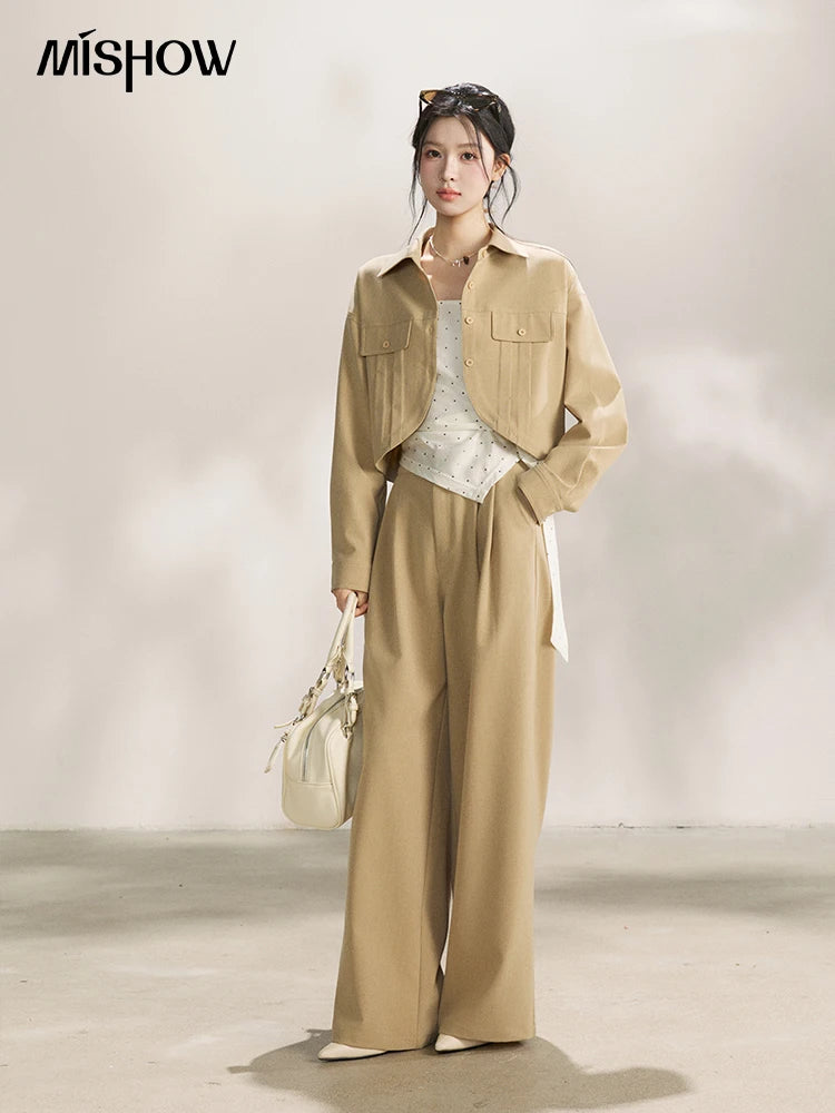 Mishow Khaki Cropped Jacket & Polka Dot Vest & Wide Leg Pants Three-Piece Set MXF13T1478