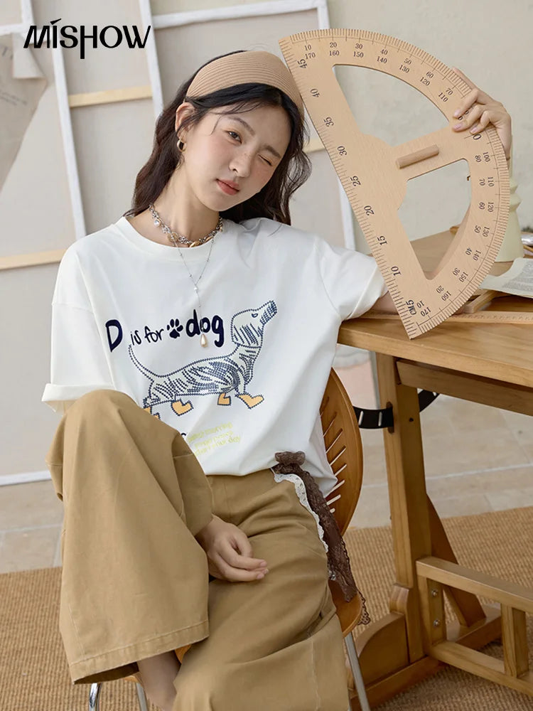 Mishow Flocked Puppy Print Loose Tee MXE33T0542
