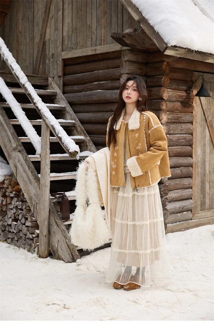 MISHOW Floral Embroidered Fur Jacket Plush Lapel Zipper MXE87W0918