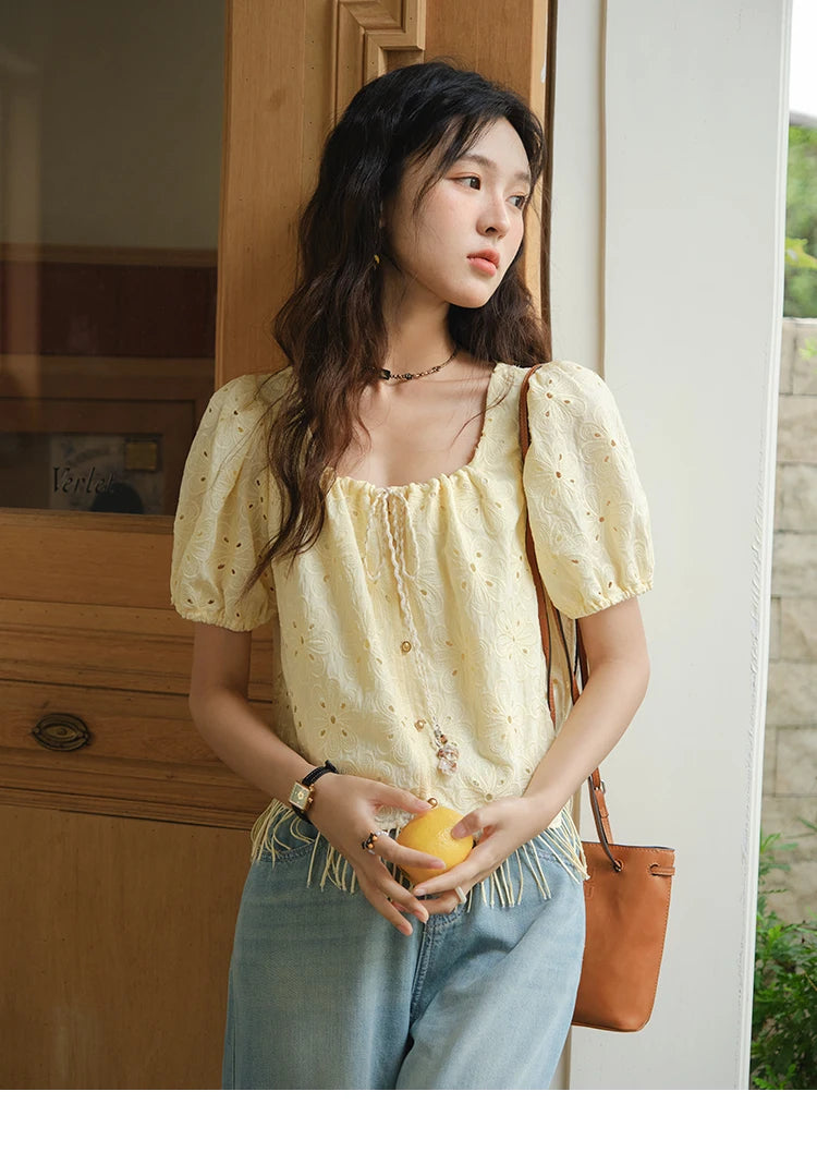 MISHOW Hollow Out Blouse Embroidery Puff Sleeve Square Collar Tassel MXE37X1851