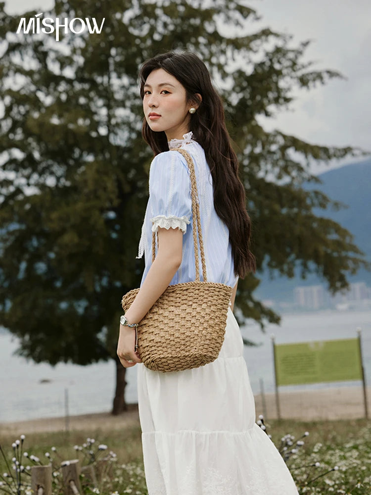 MISHOW Striped Blouse Short Puff Sleeve Lace Patchwork MXE32X1759