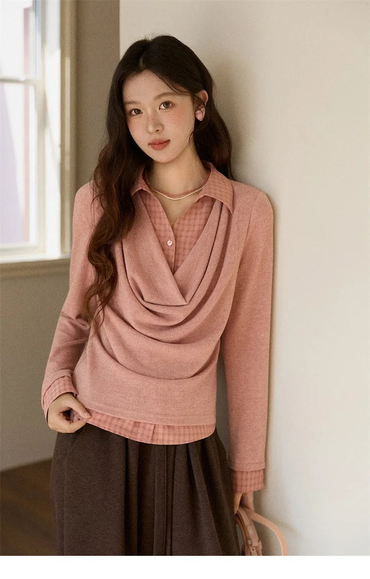 Mishow Pink Faux Two-Piece Plaid Draped Collar Pullover MXE87Z2747