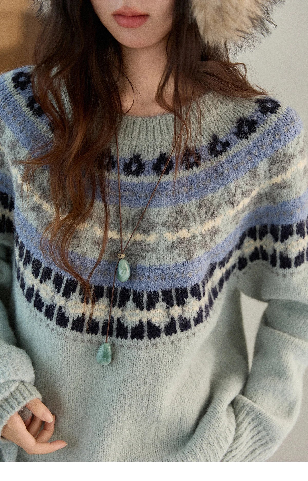Mishow Blue Fair Isle Geometric Jacquard Pullover MXE87Z2767