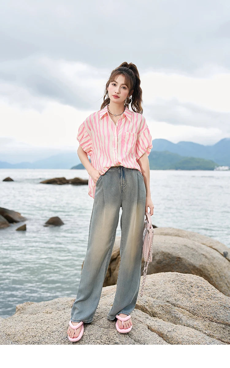 MISHOW Women's Striped Puff Sleeve Polo Neck Shirt MXC38C0072