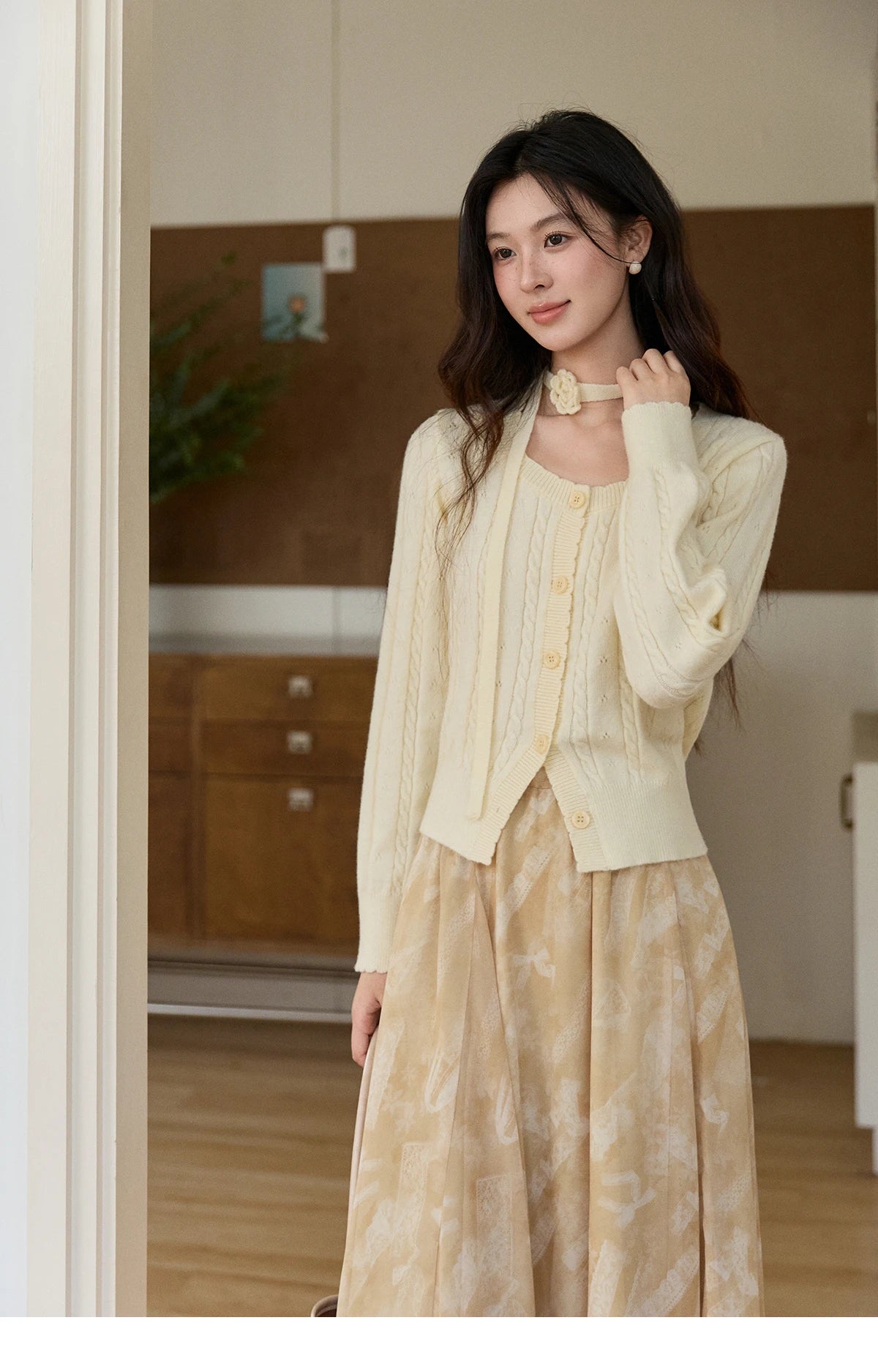 Mishow Beige Cable Knit Square Neck Cardigan MXF11Z2903