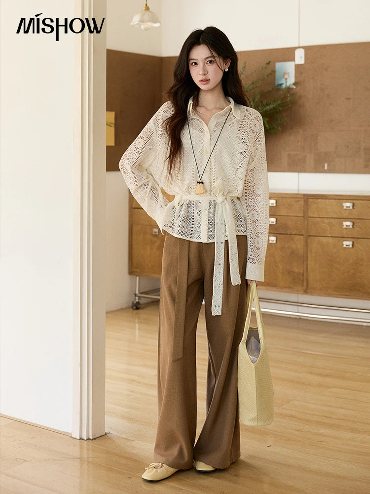 MISHOW Hollow Lace Shirt Camisole Set Drawstring Waist MXF108C0816