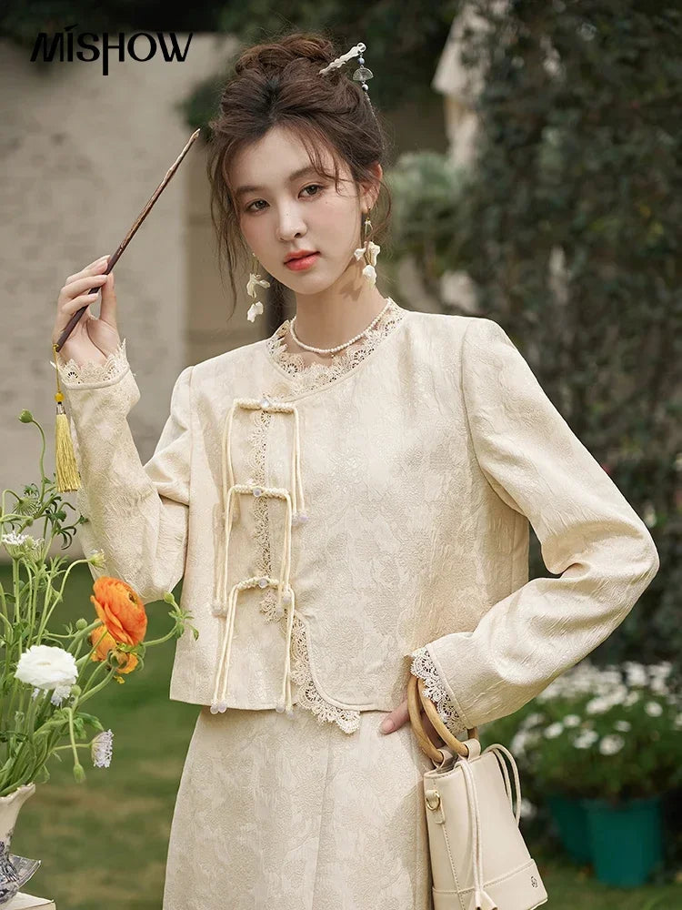 Mishow Chinese Lace Edge Jacket & Front Split Midi Skirt Set MXD15W0370