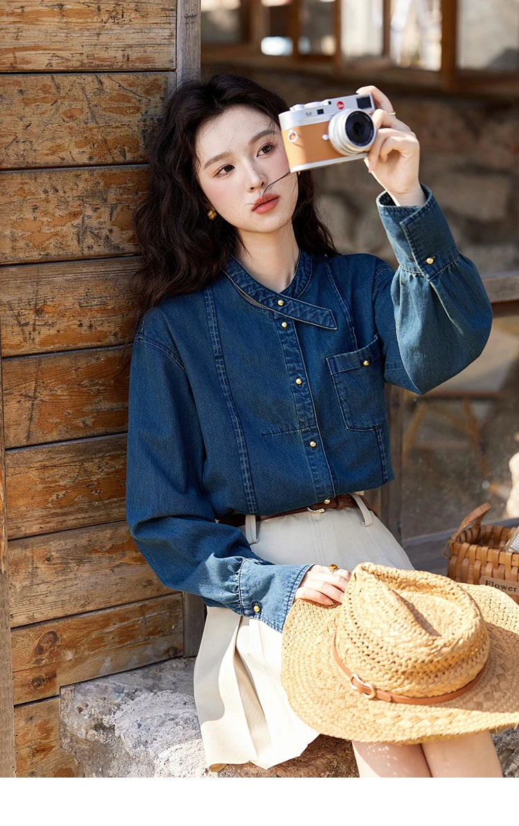 MISHOW 100% Cotton Denim Shirt O-Neck Loose Fit MXE12C0384