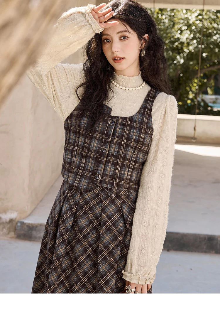 Mishow Blue Plaid Square Collar Vest & Midi Skirt Set MXD44W0454