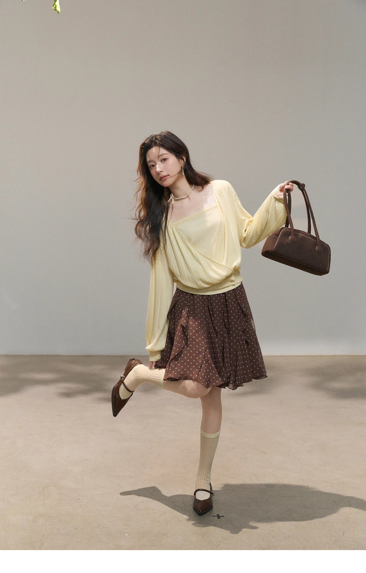 Mishow Lemon Yellow Lantern Sleeve Top & Lace Camisole Set MXF13T1513