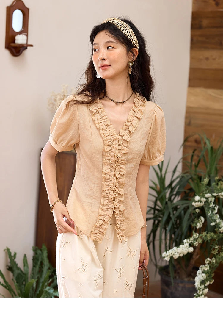 MISHOW V-Neck Blouse Puff Sleeve Fungus Edge Slim MXE35X1841