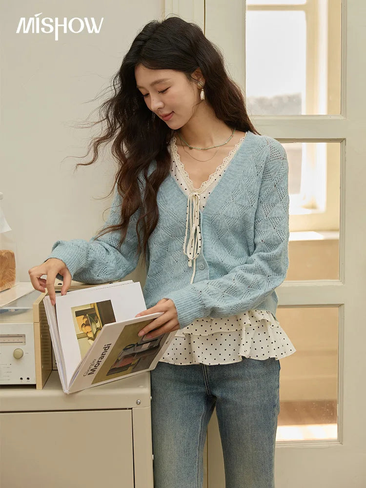 Mishow Blue Argyle Dropped Sleeve Wool Cardigan MXE41Z1313