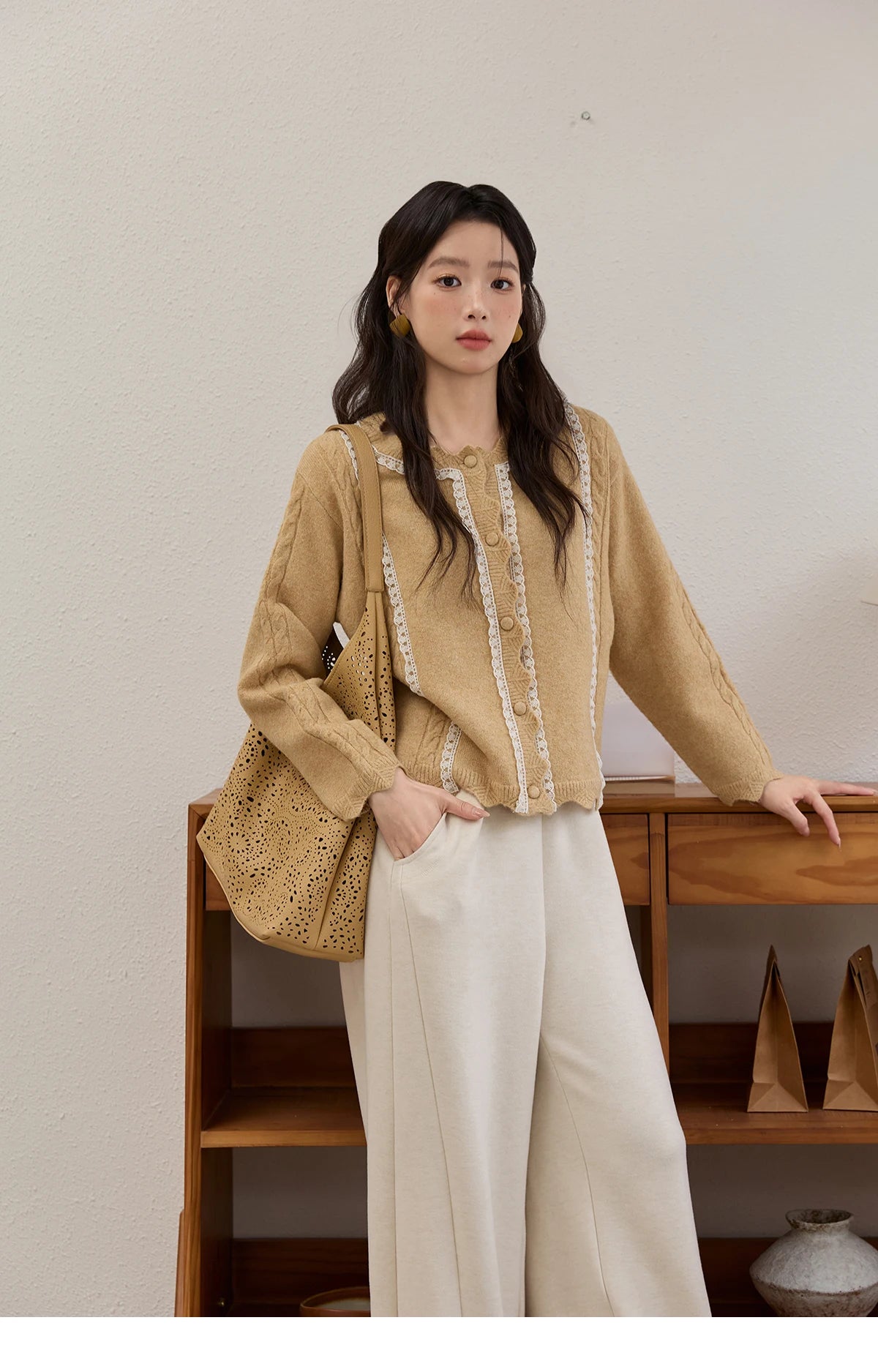Mishow Yellow Lace Stitching Cable Knit Cardigan MXE51Z2546